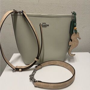 Coach Pebble Leather Bucket Bag in Light Sage with Tan Strap seahorse